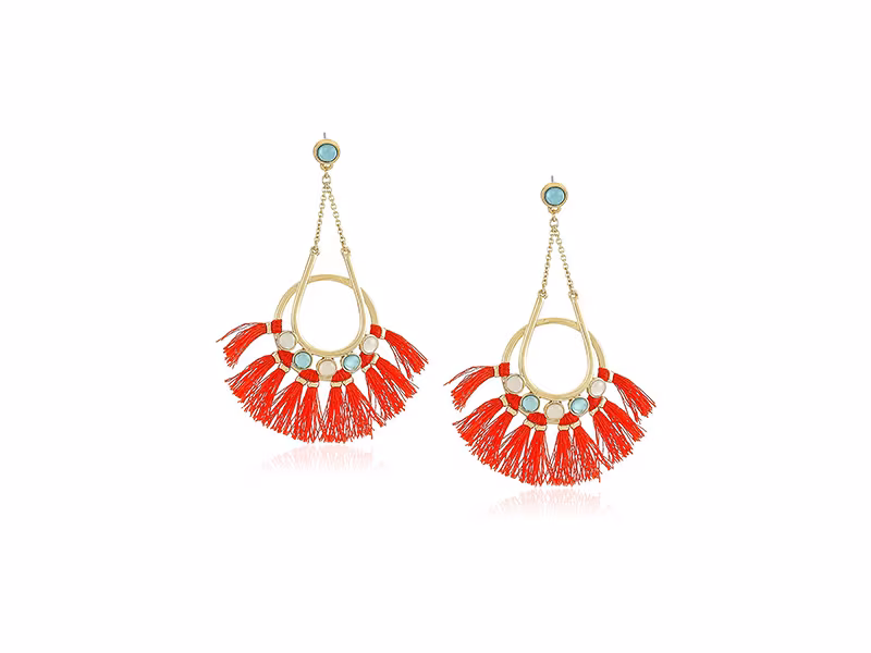 Rebecca Minkoff Utopia Tassel Chandeliers Milky White stones with Indian Red Tassels Drop Earrings