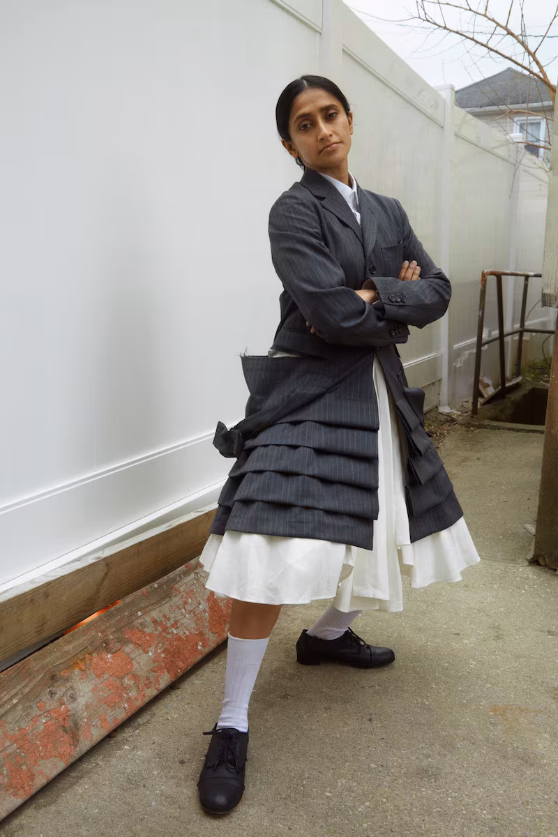Comme des Garçons Grey Bow Suspender Ruffle Coat