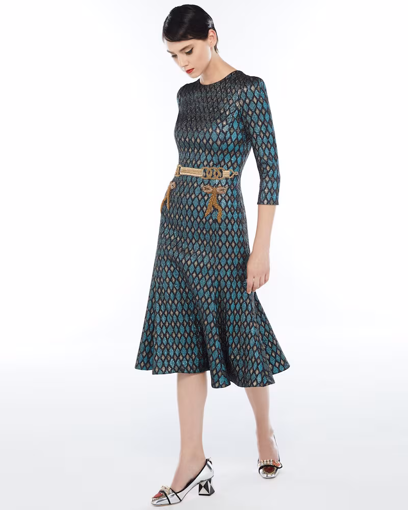 Dolce & Gabbana 3/4-Sleeve Geometric Jacquard Cocktail Dress with Embellished Waist