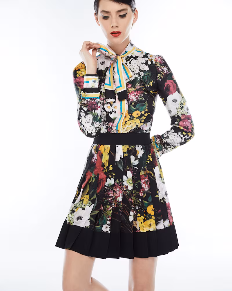Dolce & Gabbana Floral Bouquet Silk Twill Tie-Neck Blouse