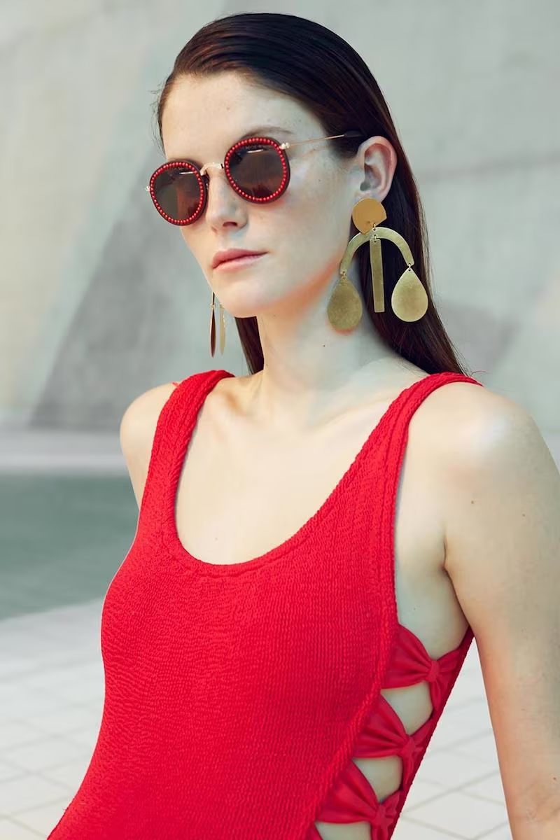 Freda Banana Brown Leather Vic Red Pearl Sunglasses