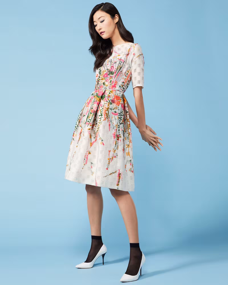 Lela Rose Floral-Embroidered Pleated Cocktail Dress