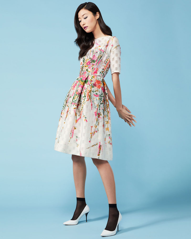 Lela Rose Floral-Embroidered Pleated Cocktail Dress