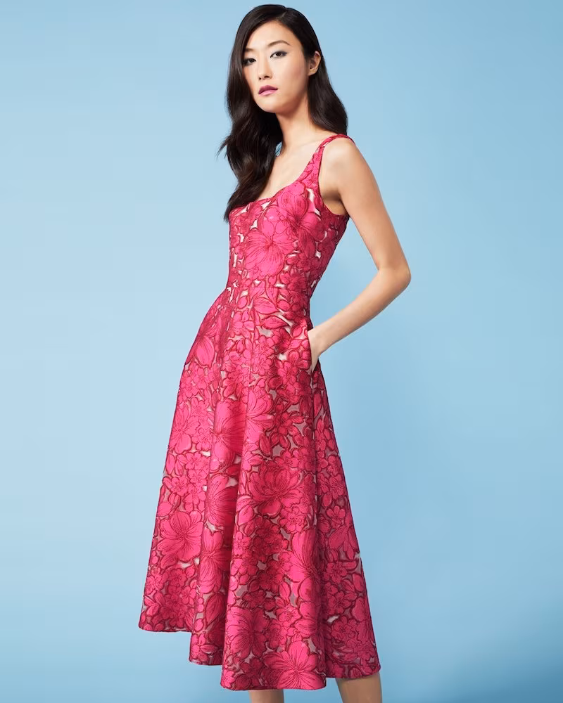 Lela Rose Floral Fil Coupé Sleeveless A-Line Dress