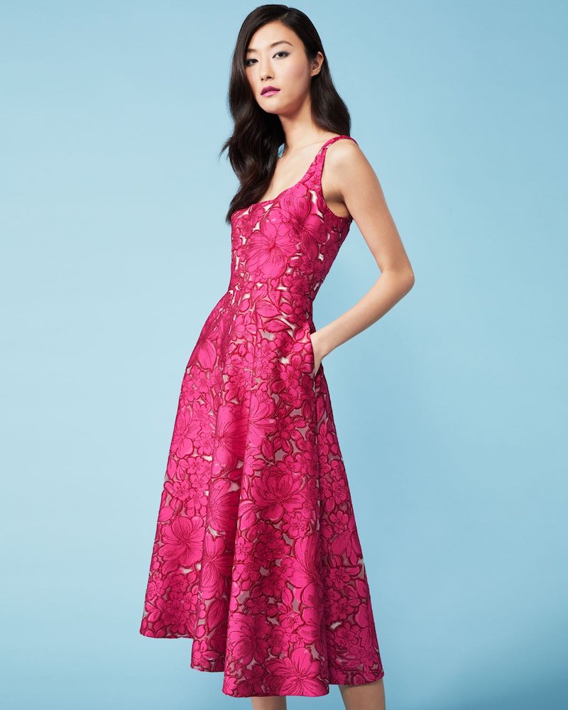 Lela Rose Floral Fil Coupé Sleeveless A-Line Dress