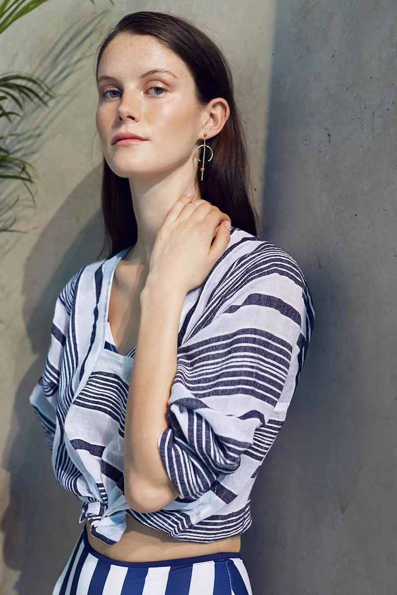 Lemlem White & Navy Aziza Spliced Top