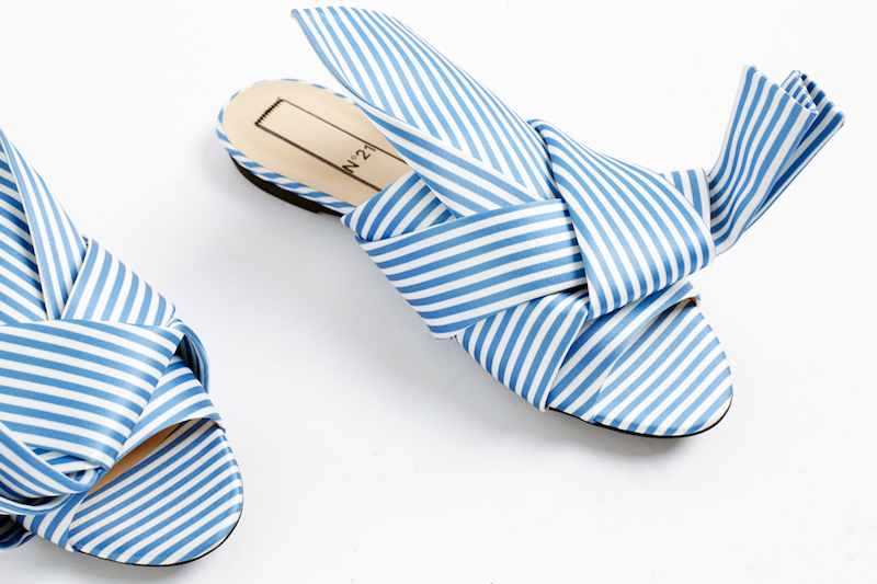 N°21 Blue & White Stripe Satin Bow Slides