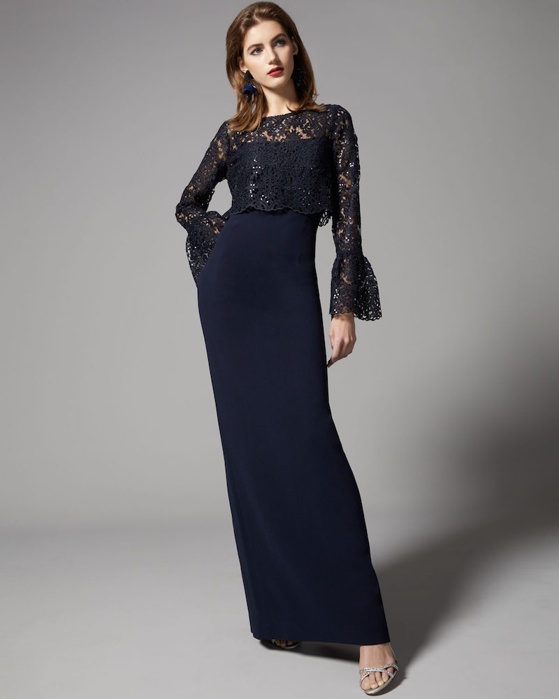 Rickie Freeman for Teri Jon Long Bell-Sleeve Sequined Lace Popover Gown