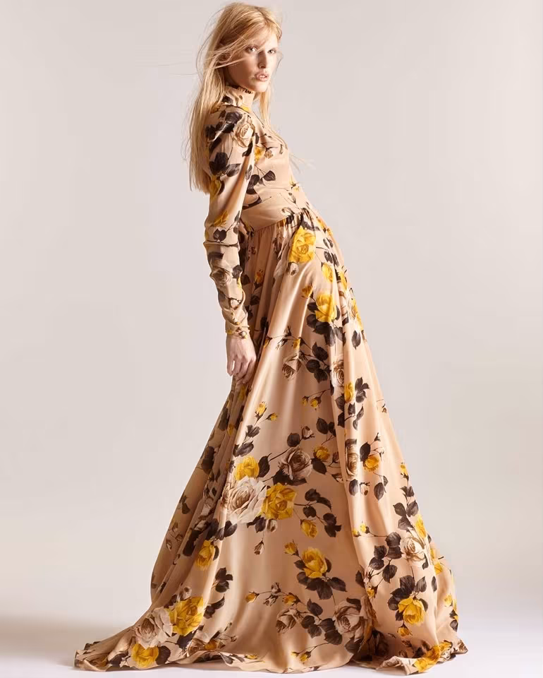 Rochas Rose-Print Silk Crepe de Chine Gown