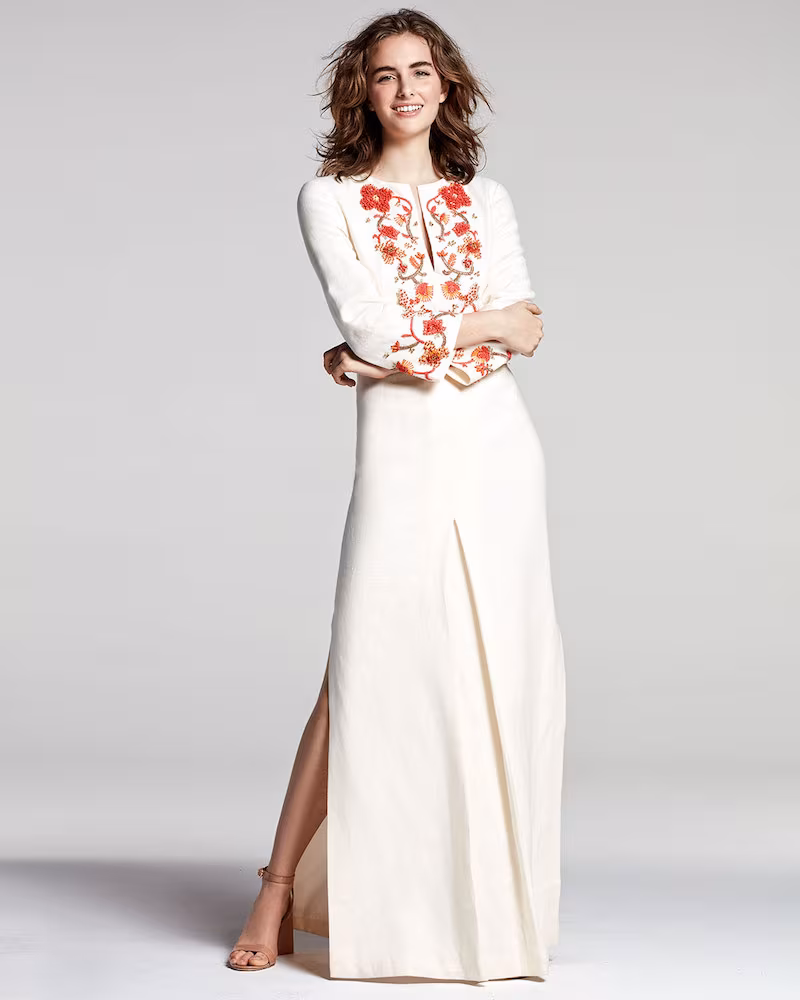 Tory Burch Embroidered Long-Sleeve Linen Gown