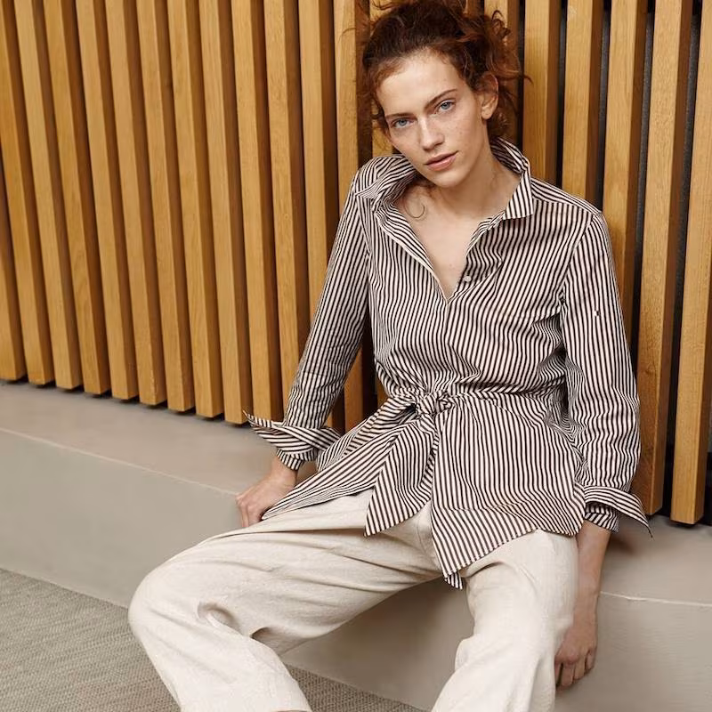 3.1 Phillip Lim Ecru & Brown Striped Knot Shirt