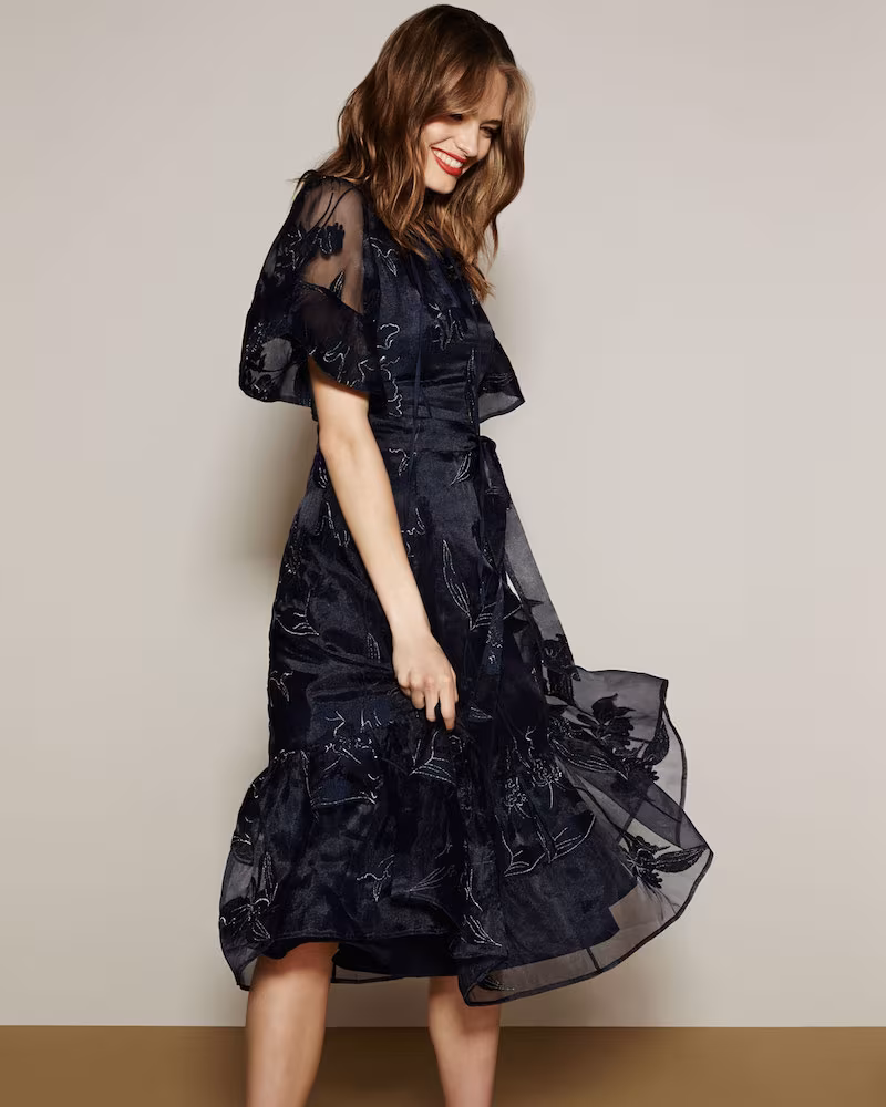 Co Iris Embroidered Organza A-Line Midi Dress