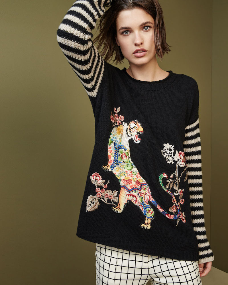 Etro Striped-Sleeve Tiger-Embroidered Wool Sweater