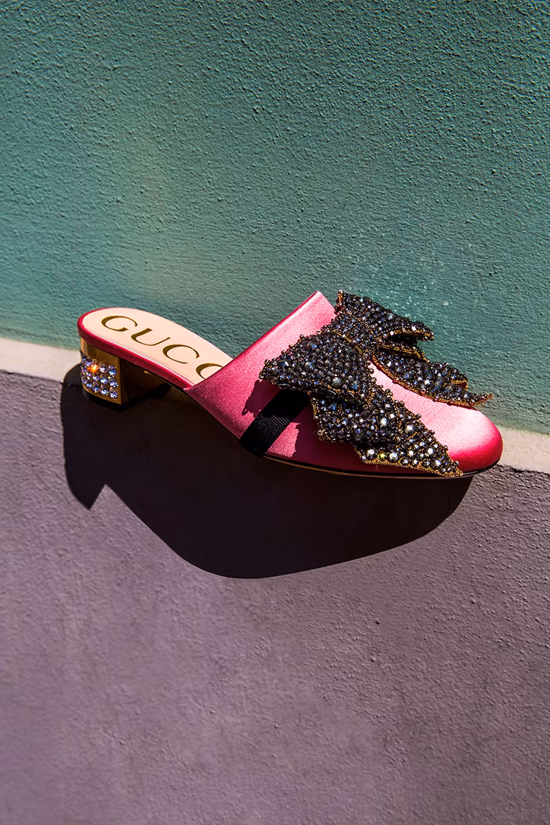 Gucci 35mm Silk Satin Mules with Crystal Bow