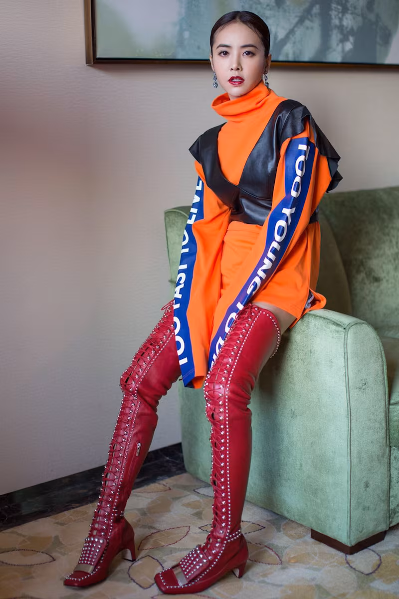 Jolin Tsai in LVR Editions x Sergio Rossi 60mm Metal Plaque Studded Leather Boots