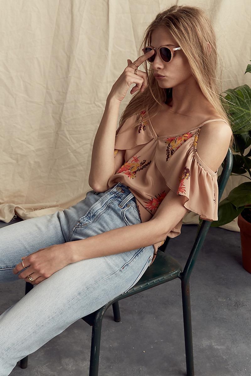 Madewell Silk Cold-Shoulder Ruffle Top In Cactus Flower