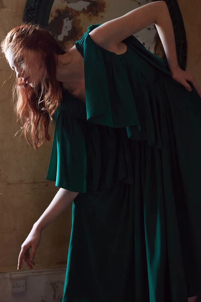 ROCHAS Emerald Green V-Neck Pleated Dress