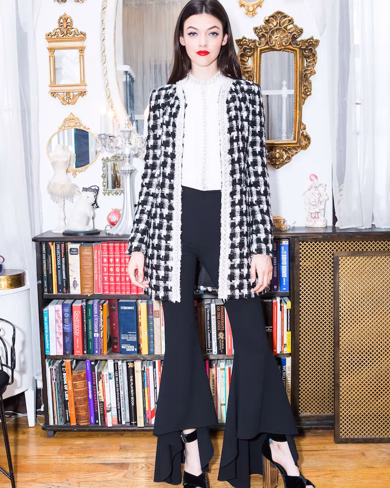 Alice + Olivia Andreas Mid-Length Collarless Tweed Jacket with Pearlescent Trim