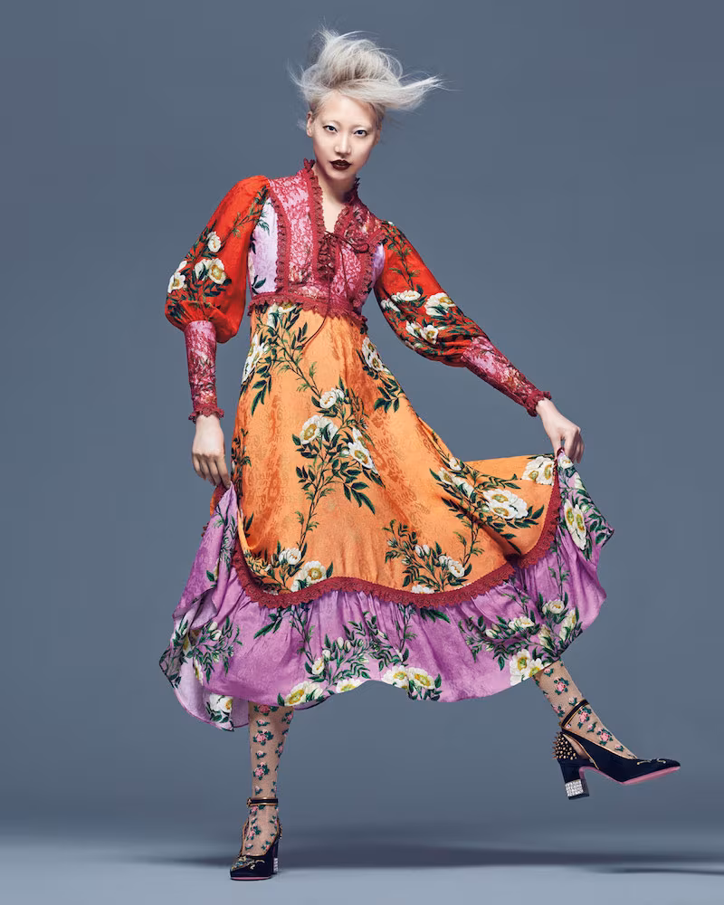 Gucci Rose Branches Printed Flower Jacquard Dress