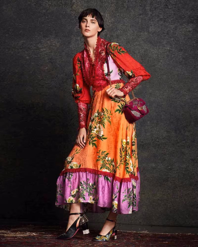 Gucci Rose Branches Printed Flower Jacquard Dress