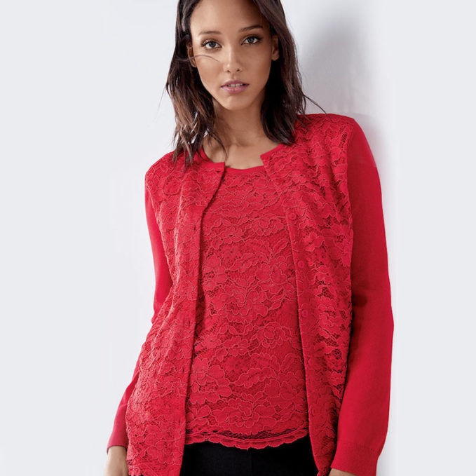 Joan Vass Lace-Inset Button-Front Long-Sleeve Cardigan