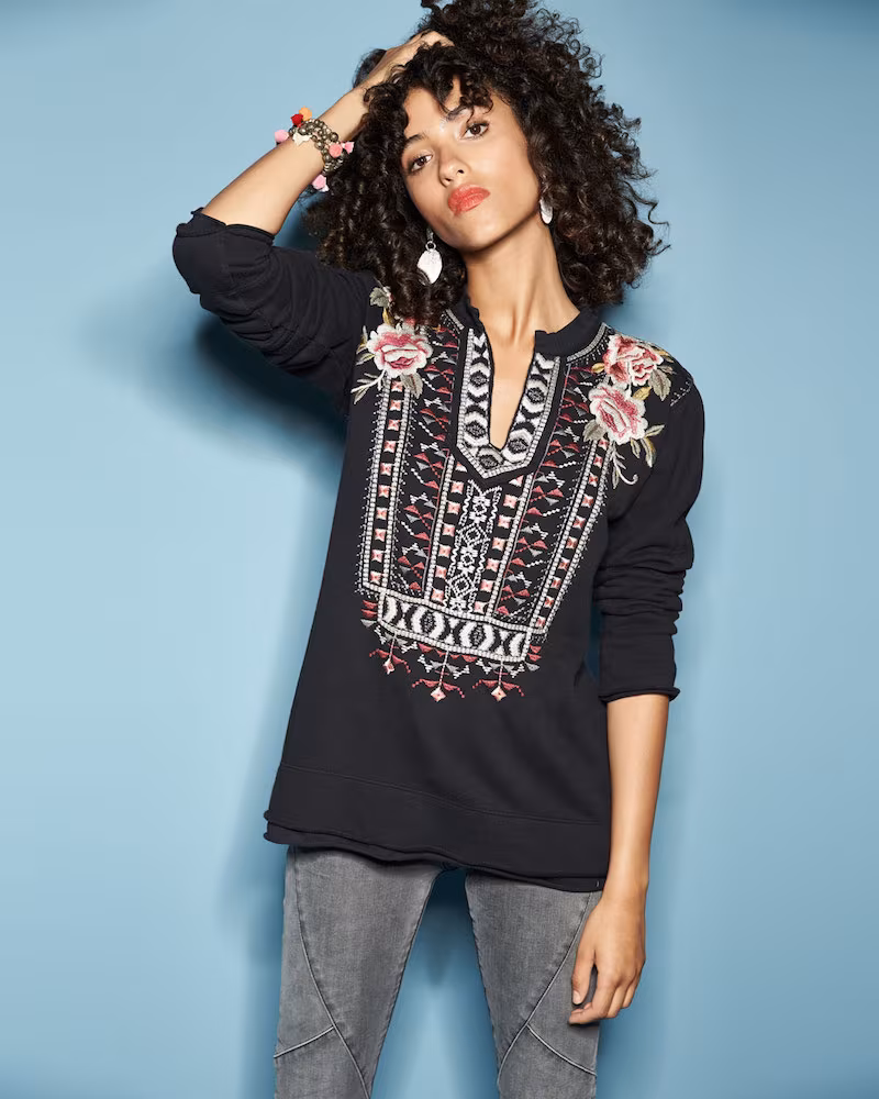 Johnny Was Issoria Embroidered French Terry Sweatshirt