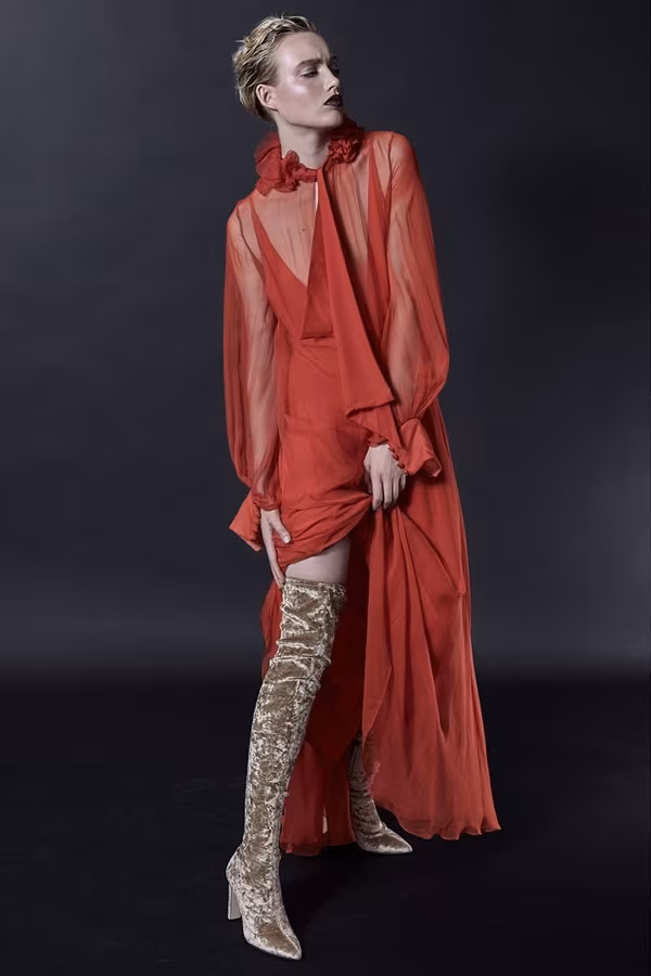Lanvin Ruffled-Collar Waist-Tie Silk-Mousseline Gown