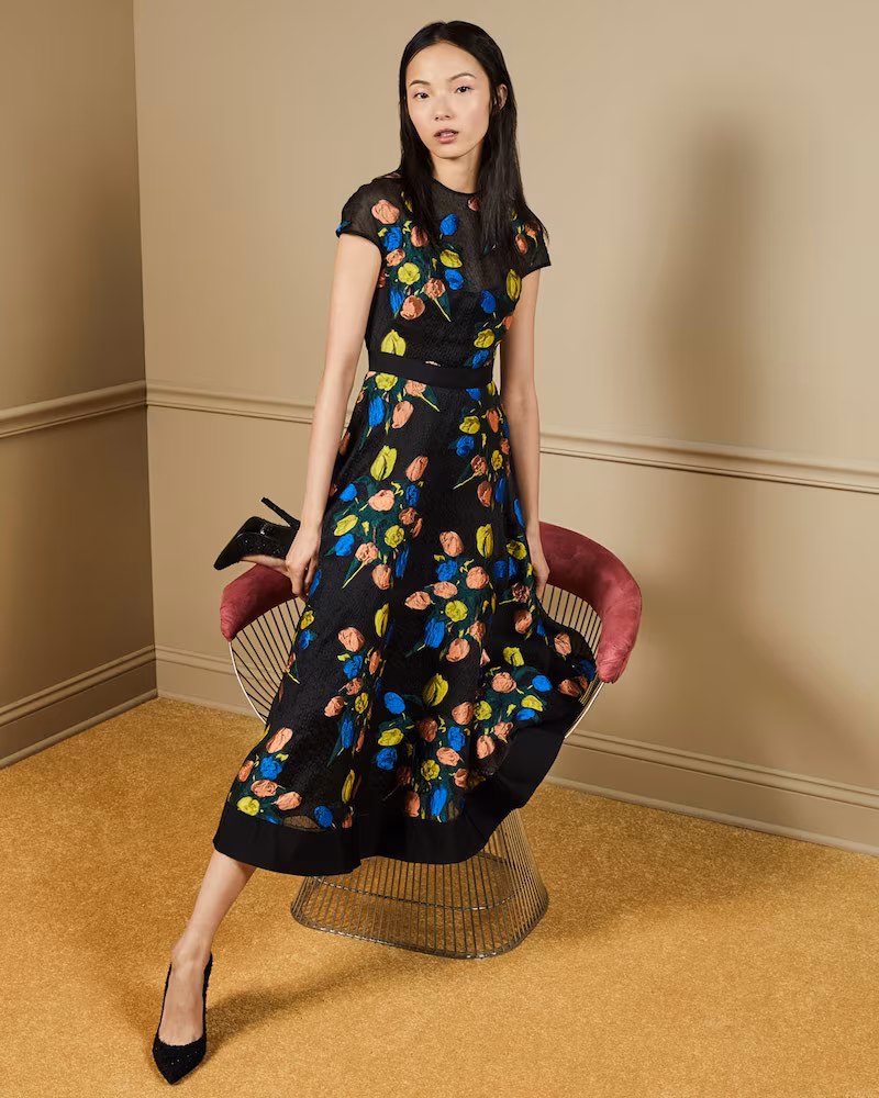 Lela Rose Cap-Sleeve Tulip Fil Coupé A-Line Dress
