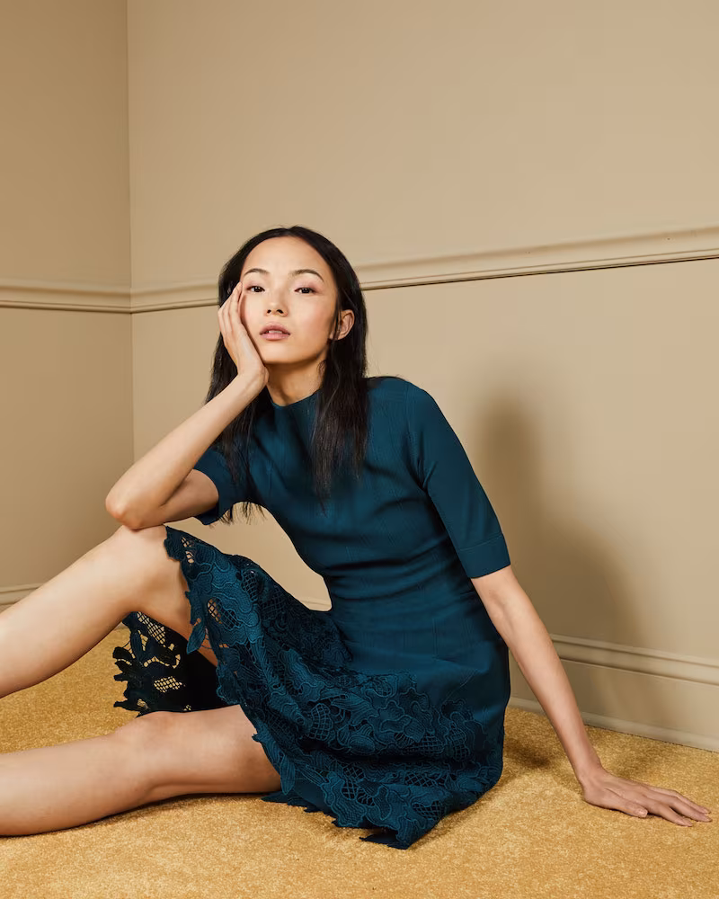 Lela Rose Ottoman Knit Dress with Lace Hem