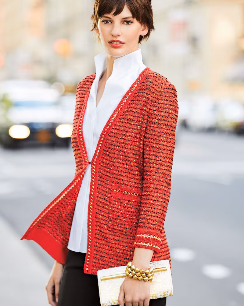 Misook Long Boucle Chain-Detail Jacket