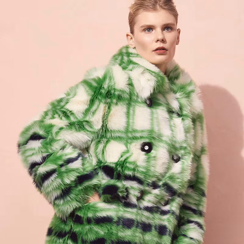 Miu Miu Checkered Eco-Fur Double-Breasted Coat