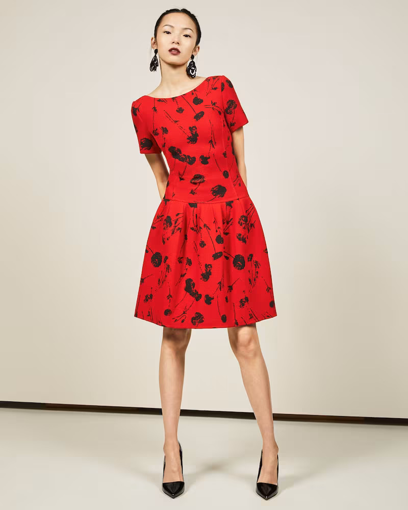 Oscar de la Renta Poppy-Print Short-Sleeve Fit & Flare Dress