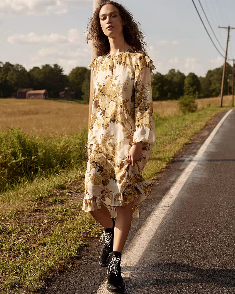 Robert Rodriguez Ruffle Floral Silk Chiffon Dress