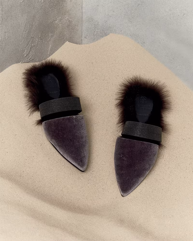 Brunello Cucinelli Fur-Lined Velvet Mule with Monili Strap