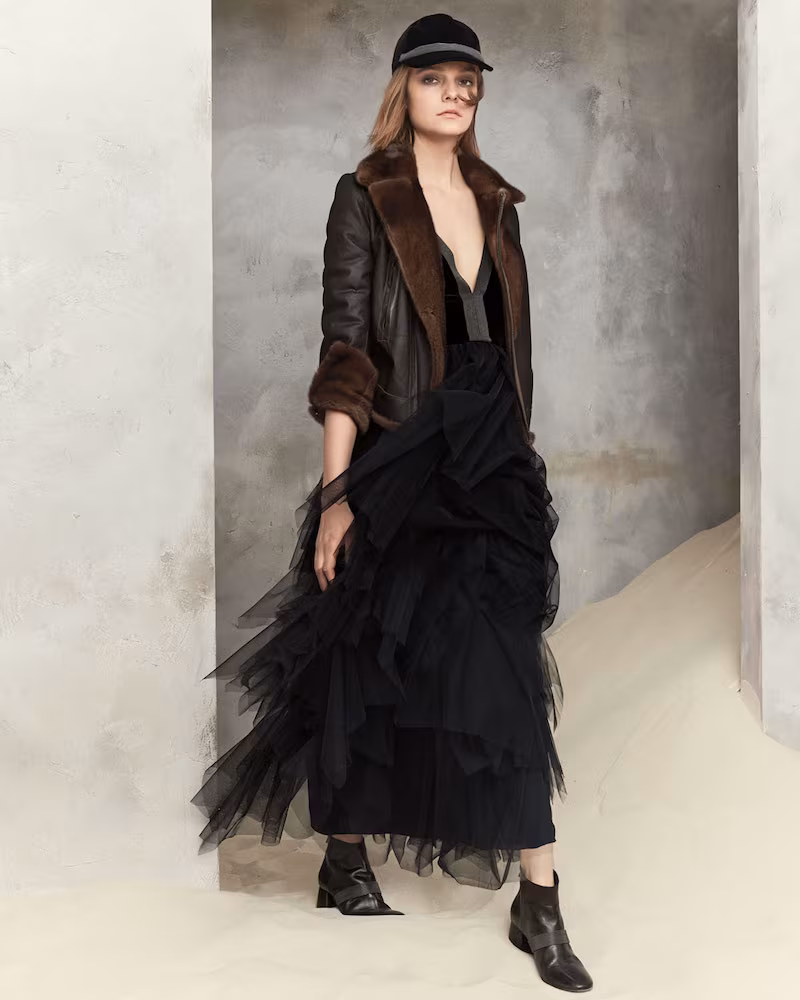 Brunello Cucinelli Velvet & Tulle Tiered Monili-Trim Gown