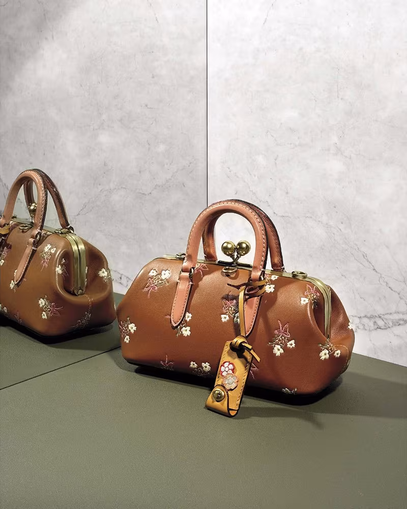 COACH 1941 Floral Kiss-Lock Leather Satchel