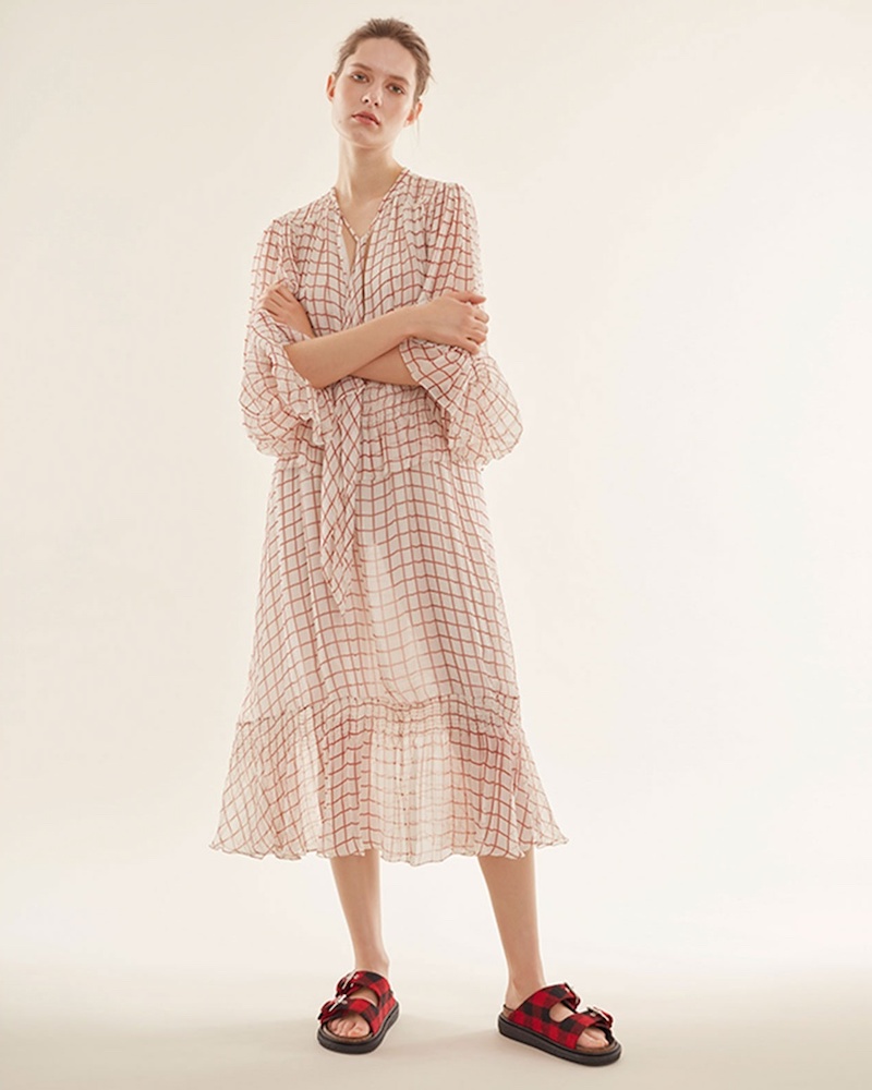 Chloé Grid-Print Georgette Midi Dress