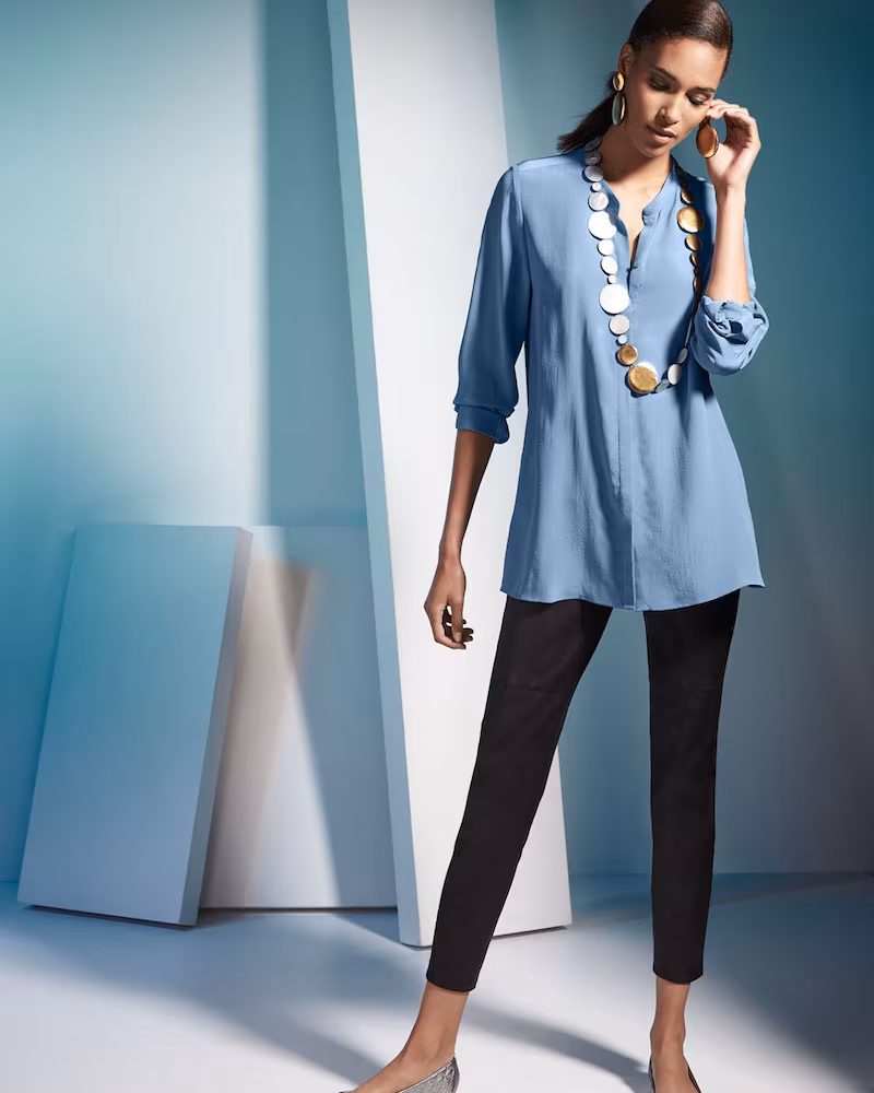 Eileen Fisher Long-Sleeve Silk Crepe de Chine Boyfriend Shirt