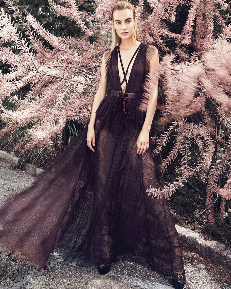Elie Saab Long Peplum Dress in Plum Swiss Dot