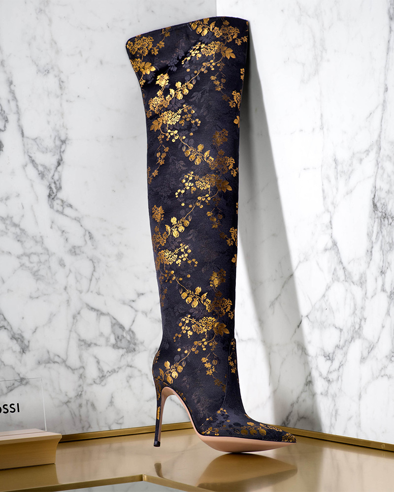 Gianvito Rossi Rennes Kyoto-Floral-Print Jacquard Satin Cuissard Boots