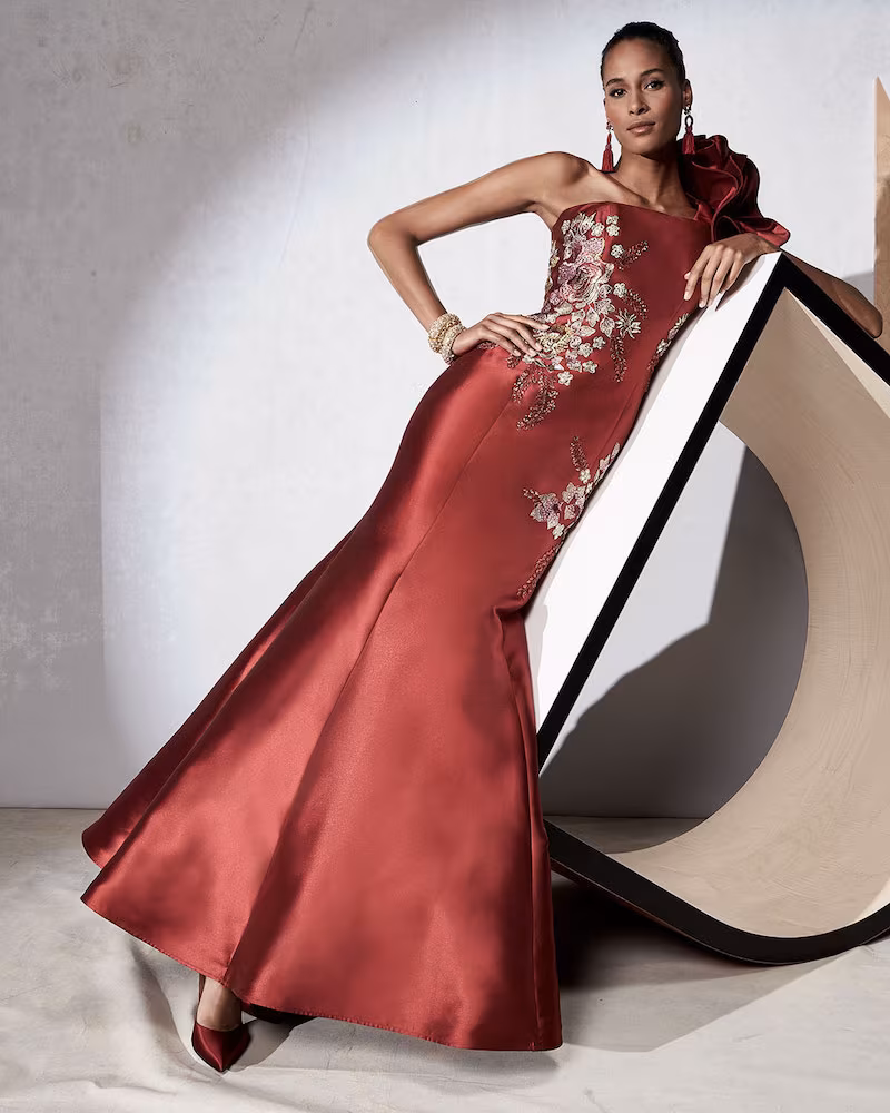 Jovani Floral-Embroidered One-Shoulder Evening Gown
