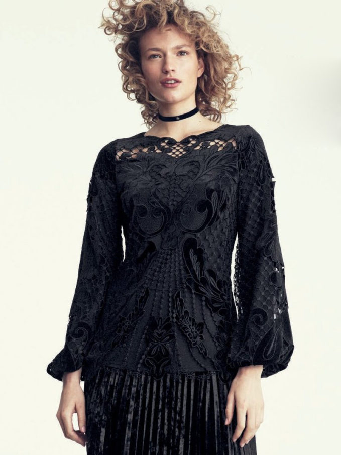 Kobi Halperin x Erte Sarina Long-Sleeve Crocheted Velvet & Satin Blouse