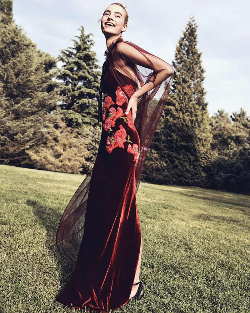 Monique Lhuillier Floral-Embroidered Strapless Velvet Gown