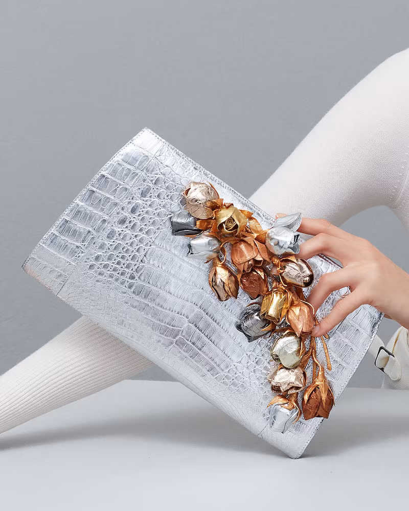 Nancy Gonzalez Rosebud Slicer Metallic Crocodile Clutch Bag