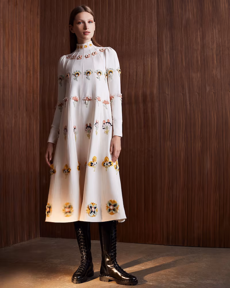 Valentino Floral-Embroidered Crepe Couture Dress