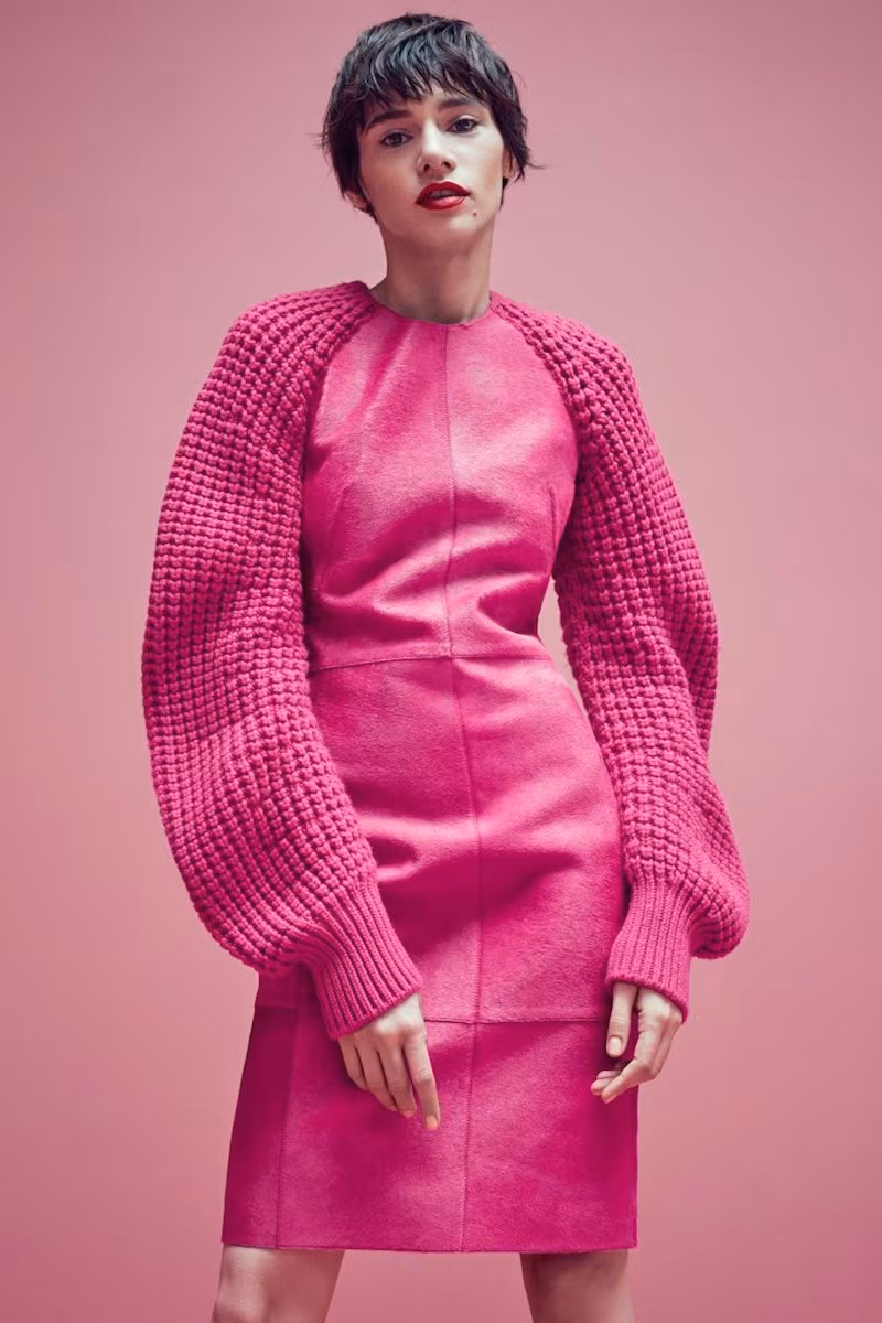 Akris Sheath Dress with Waffle-knit Cashmere Sleeves