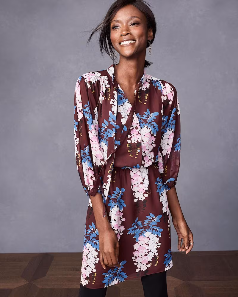 Ann Taylor Floral Tie Neck Shirtdress