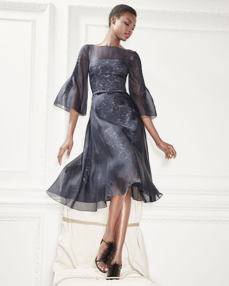 Carolina Herrera Bell-Sleeve Organza Overlay Lace Midi Cocktail Dress