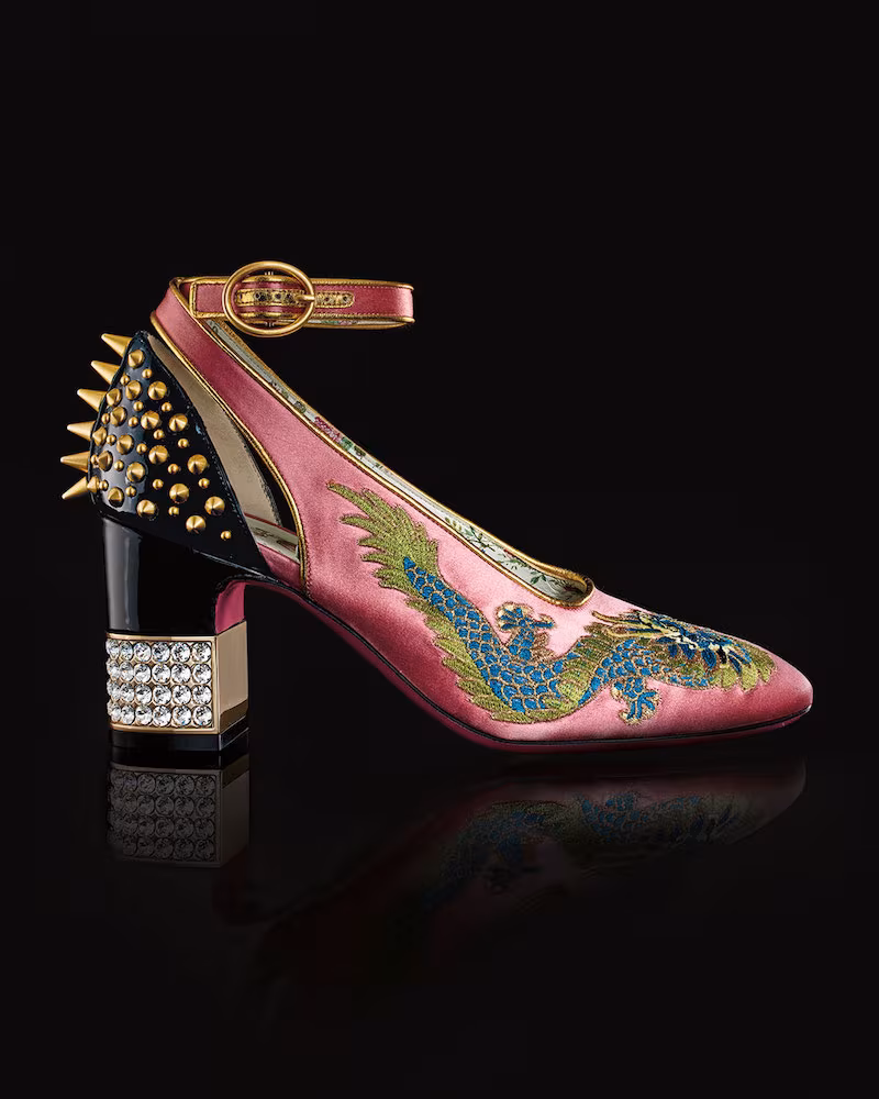 Gucci Caspar Embroidered Satin Ankle-Wrap Pump