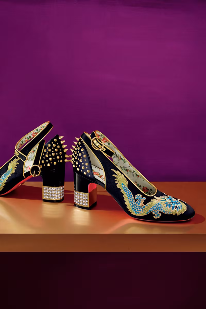 Gucci Embroidered Satin Ankle-Wrap Pump